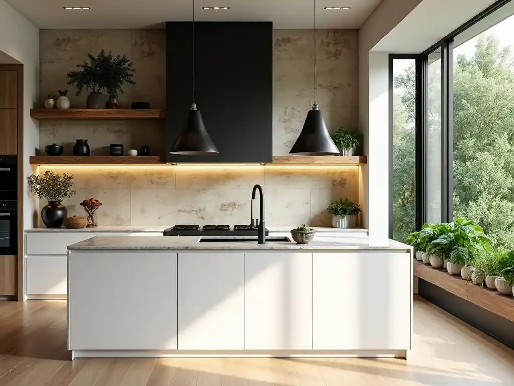 Modern black cabinets with stainless steel appliances and tiles Modern Black and White Cabinets Greenery