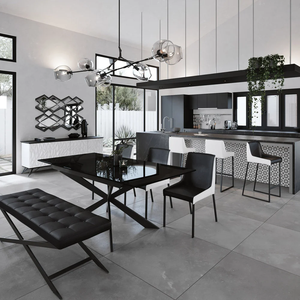Contemporary dining room with black round table and chairs Modern Black and White Cabinets Mismatched Chairs