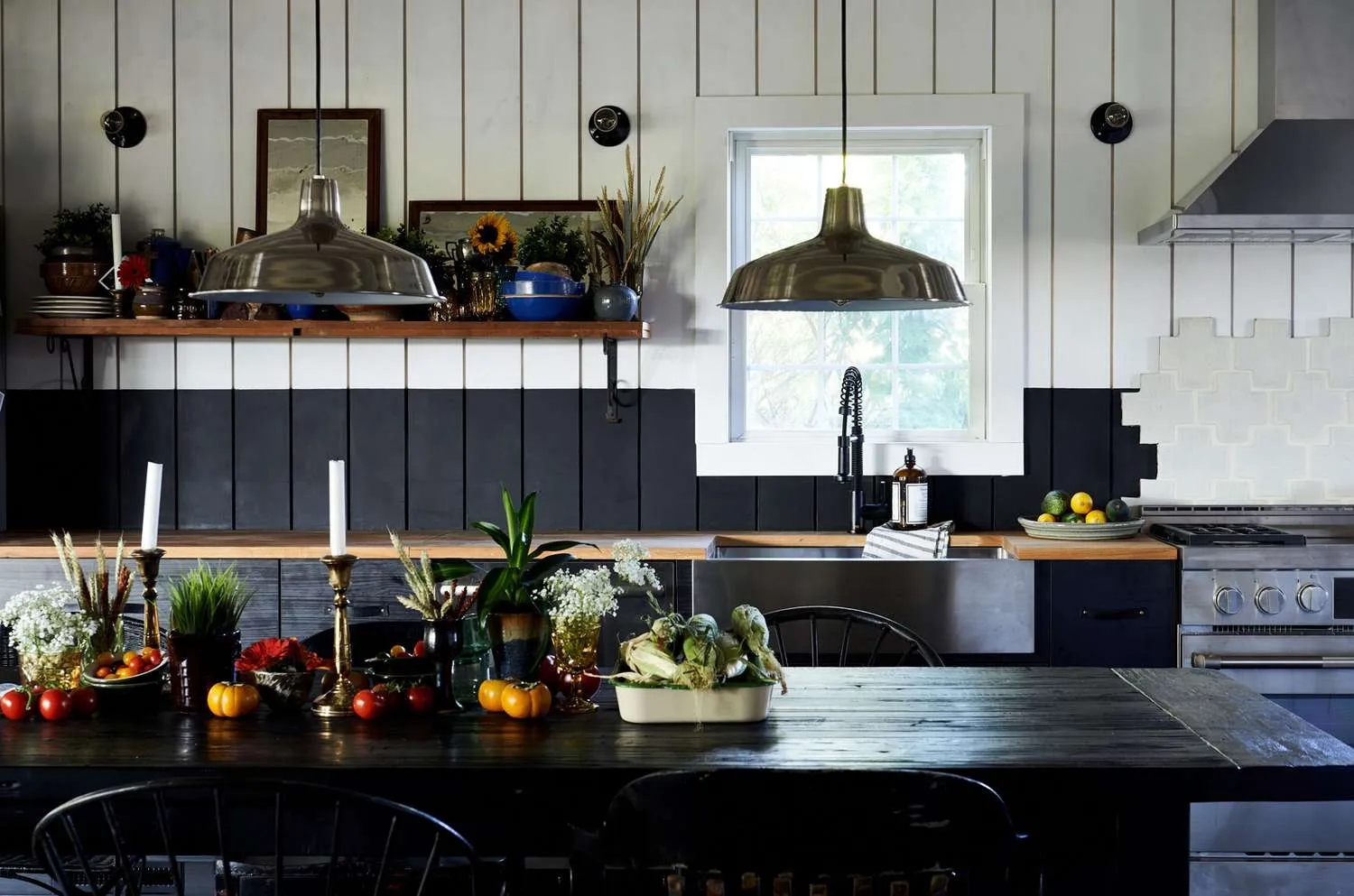 Rustic kitchen with dark wood cabinets and brick flooring Modern Black and White Cabinets Vintage Touches
