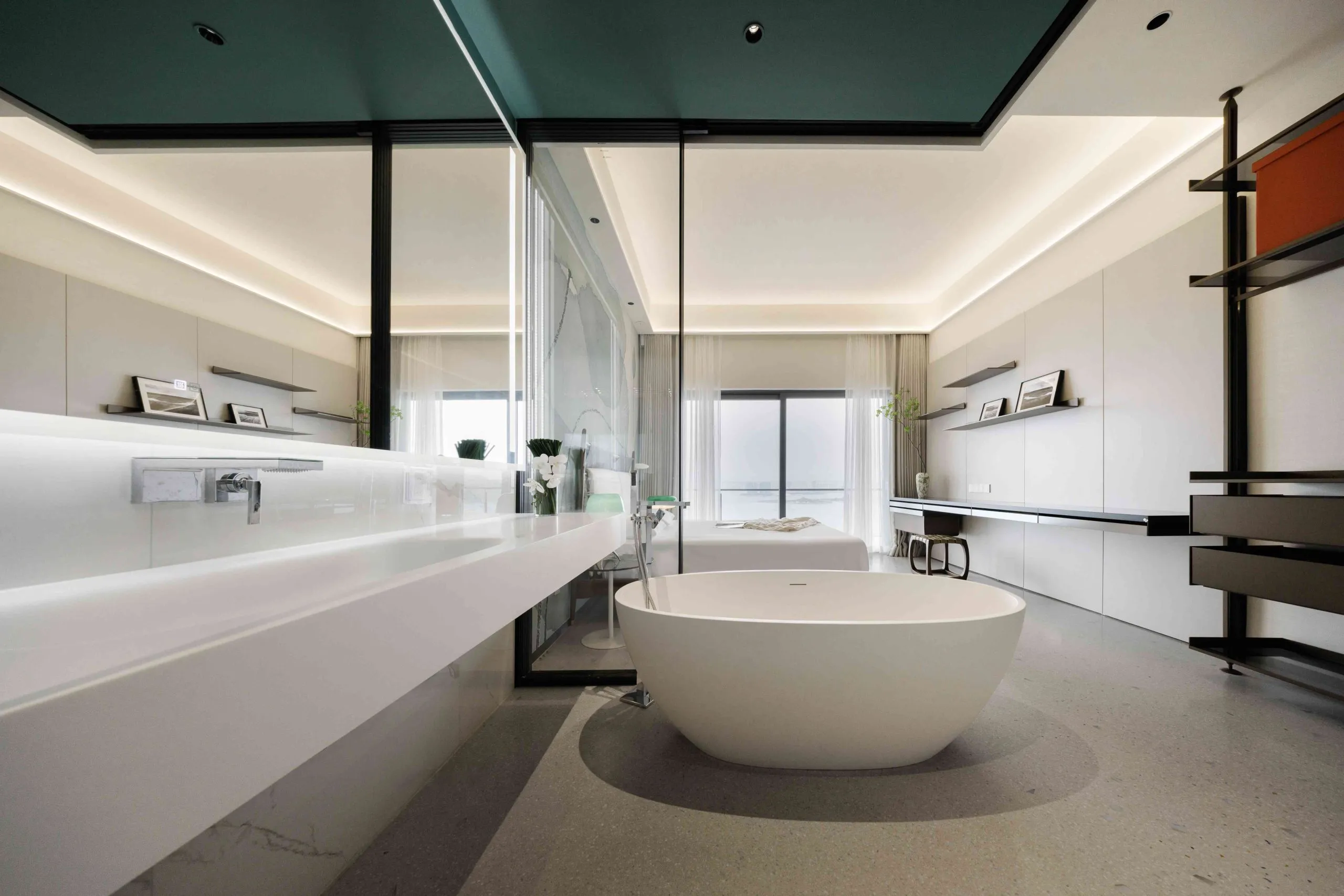 Modern bedroom with an open bathroom design and sleek finishes Modern bedroom with an open bathroom design and sleek finishes