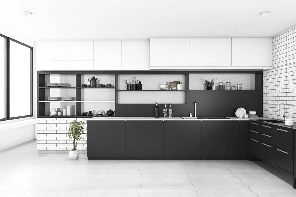 black and white kitchen cabinets with black countertop Modern kitchen with open shelving and brick wall accents