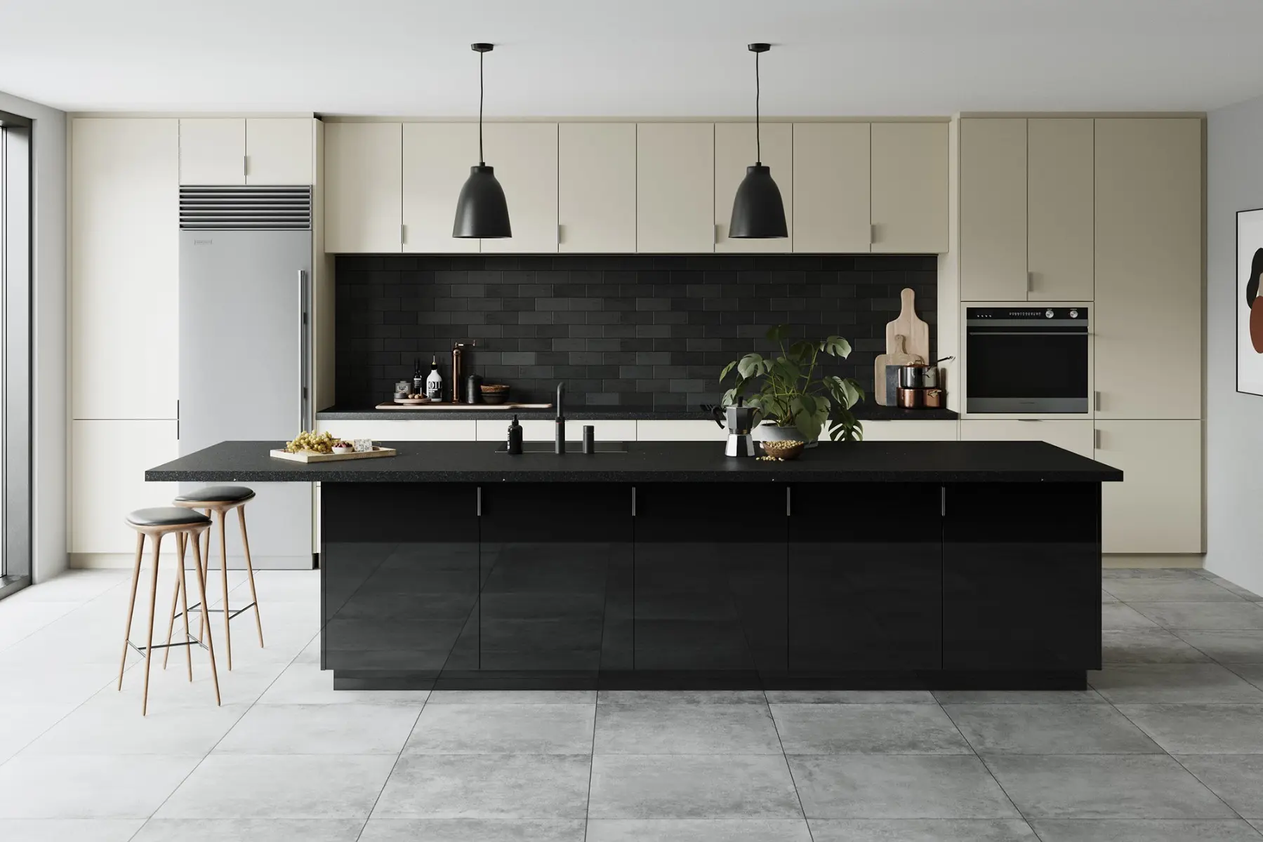 Modern corner cabinet with a sleek finish and ample storage Stylish black and cream kitchen with large island and bar stools