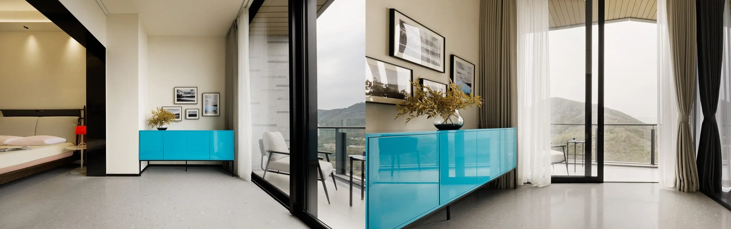 Stylish blue cabinet with balcony access and scenic mountain view Stylish blue cabinet with balcony access and scenic mountain view