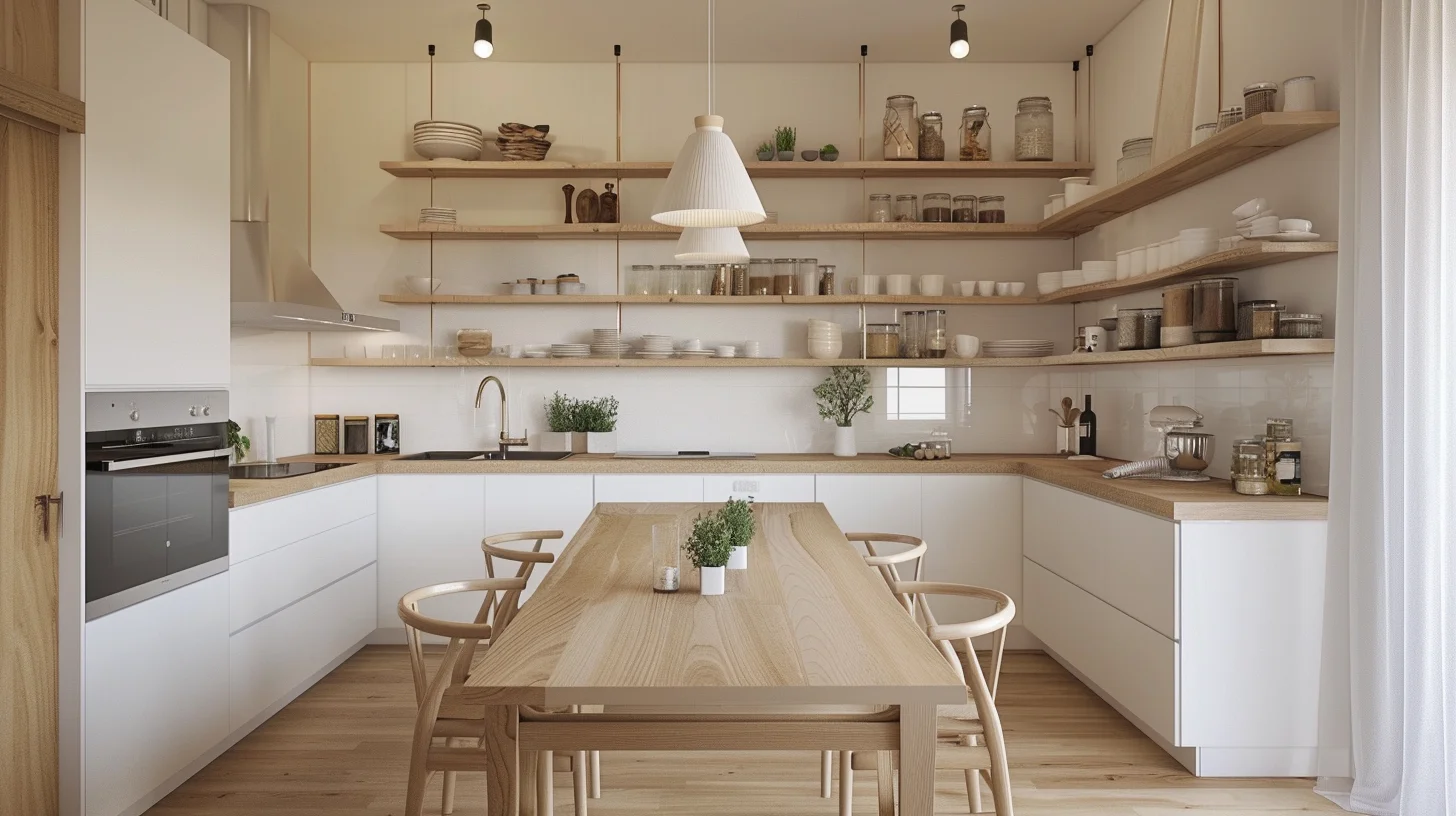 Open kitchen shelves displaying colorful dishes and glasses White Kitchen with Wood Open Shelves and Light Mini Pendant