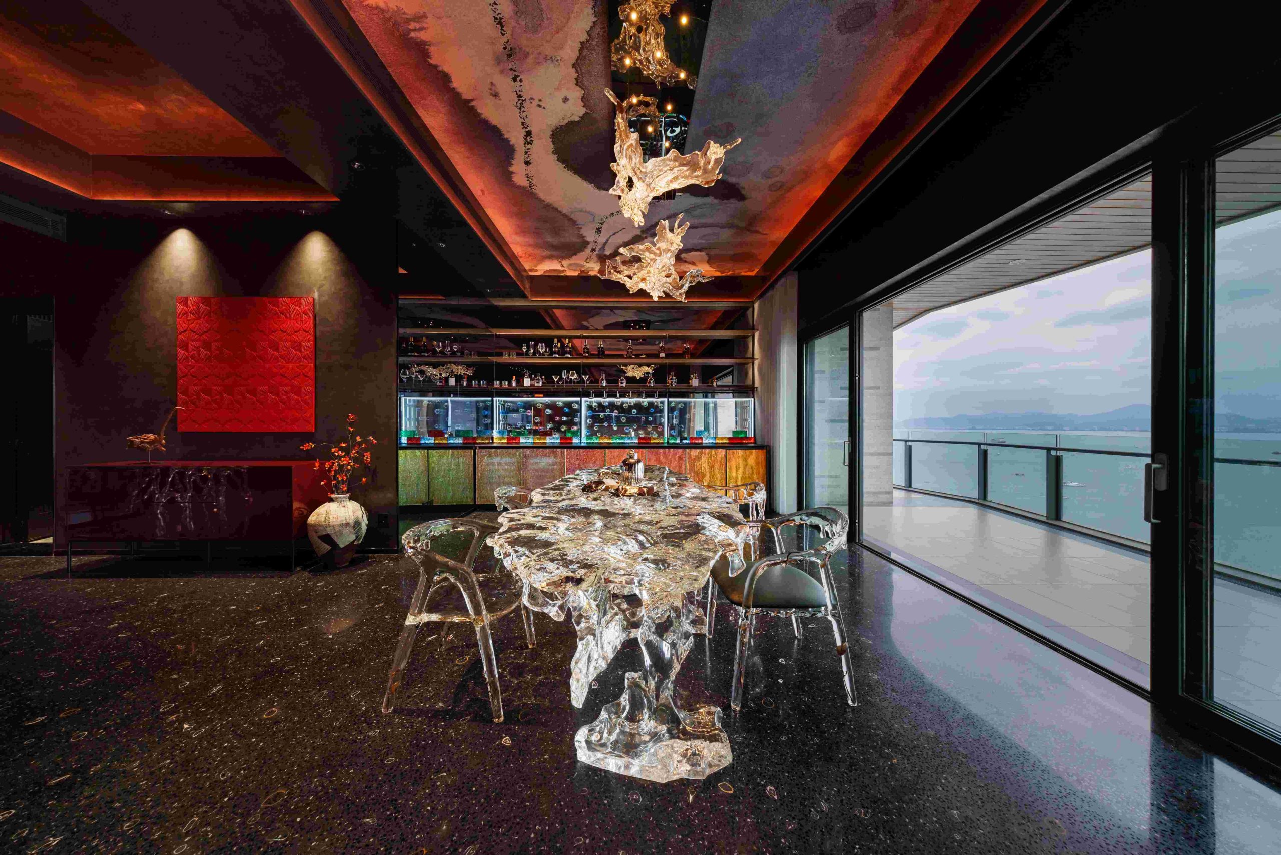 Luxury dining room with ocean view at Sanya Residence project interior fueniture design