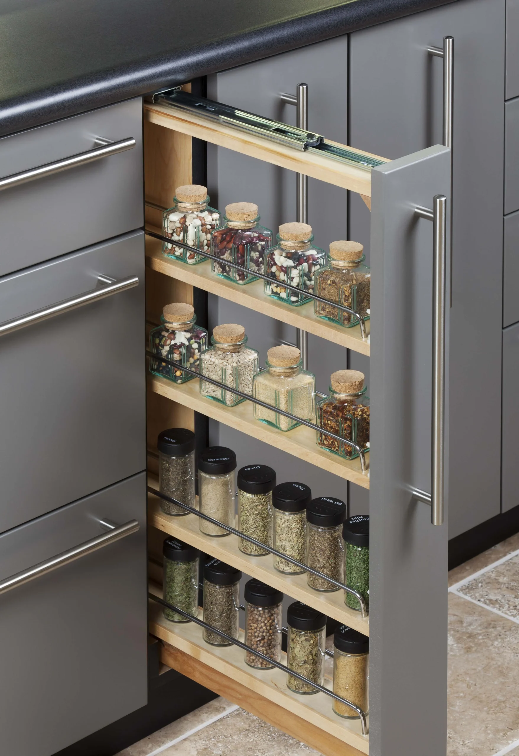 modern Gray kitchen cabinet Gray Cabinets with Custom Pull Out Spice Rack modern Gray kitchen cabinet Gray Cabinets with Custom Pull Out Spice Rack