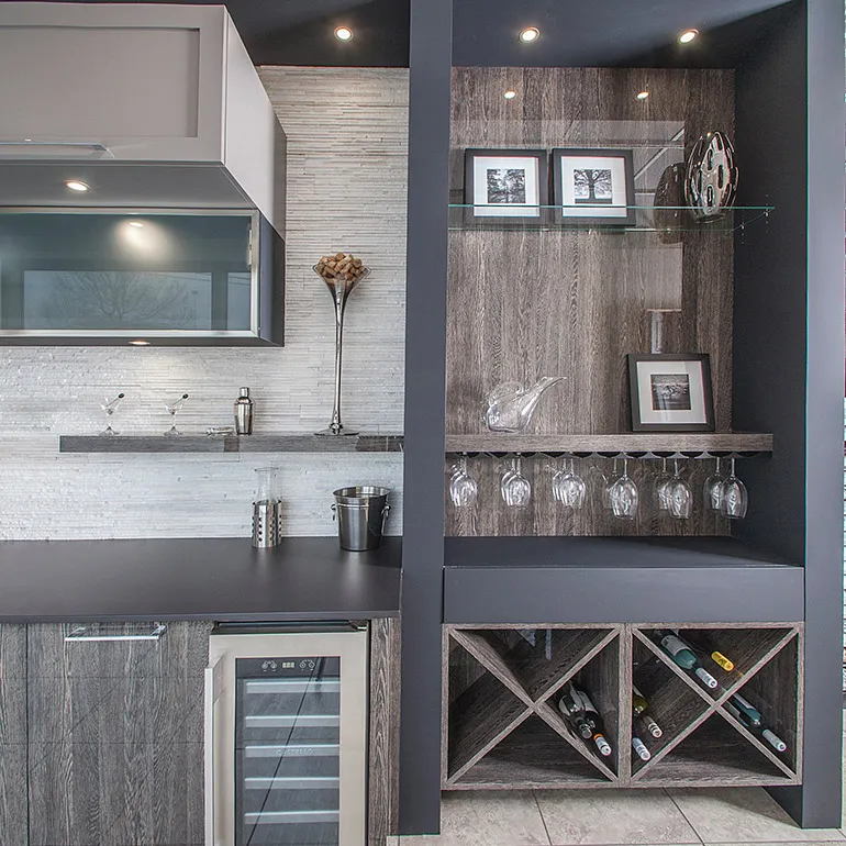 Gray Cabinets with Open Wine Storage modern Gray kitchen cabinet Gray Cabinets with Open Wine Storage