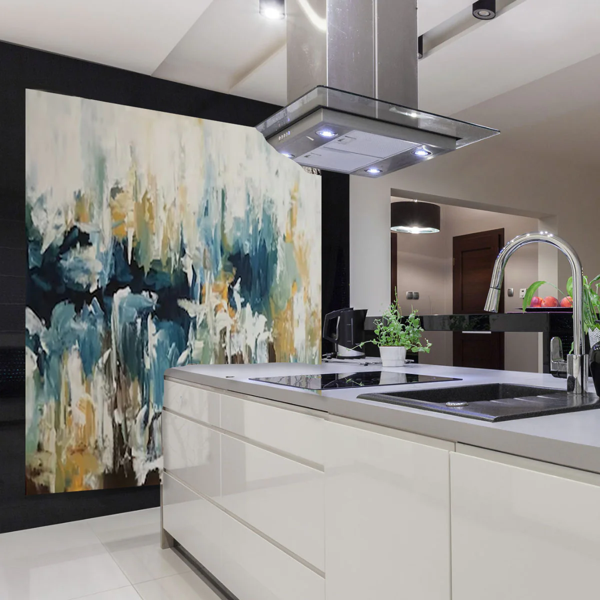 white cabinets with bold artwork modern White Kitchen Cabinet Bold Wall Art