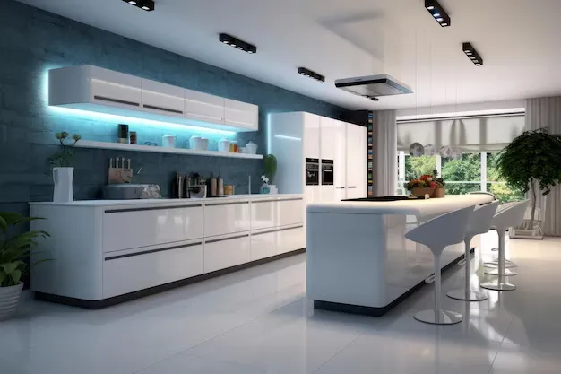 modern White kitchen cabinets with Steel Blue wall