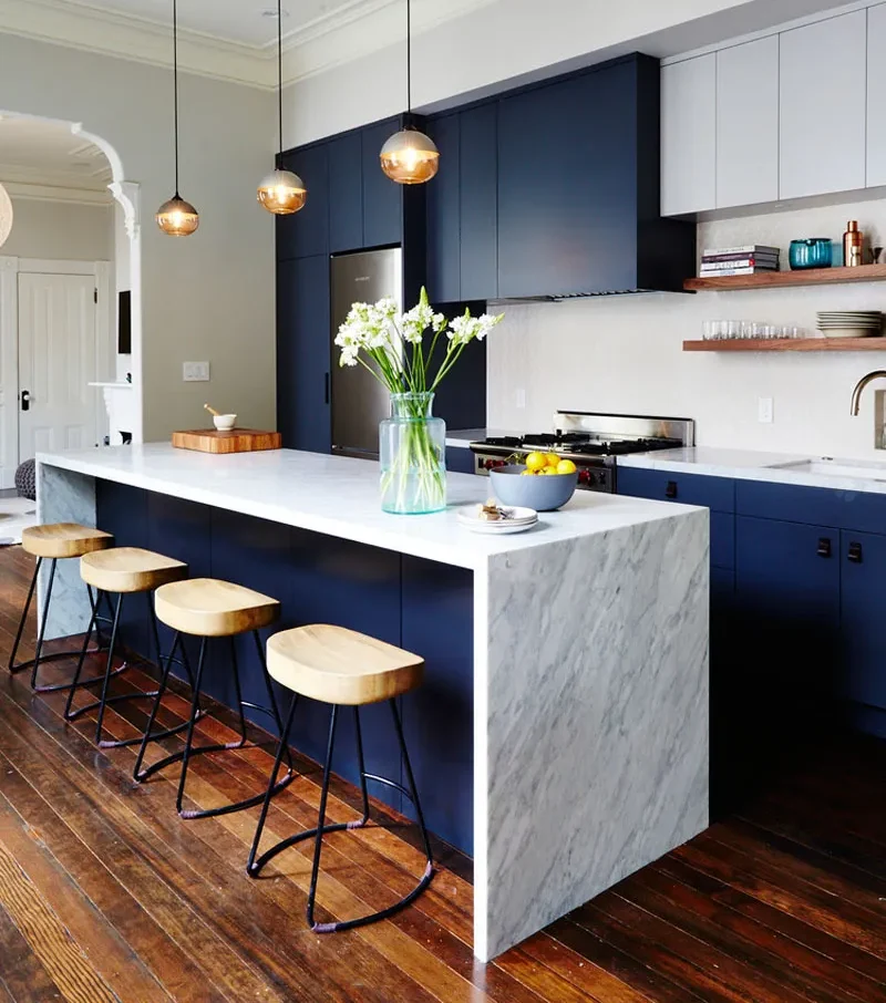 Modern kitchen with light blue cabinets and dark wood floors modern blue Kitchen Cabinets Light Blue and Dark Wood Floors