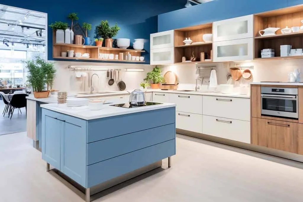 Wooden kitchen cabinets paired with teal walls and a small dining area wood kitchen cabinet Dusty Blue wall