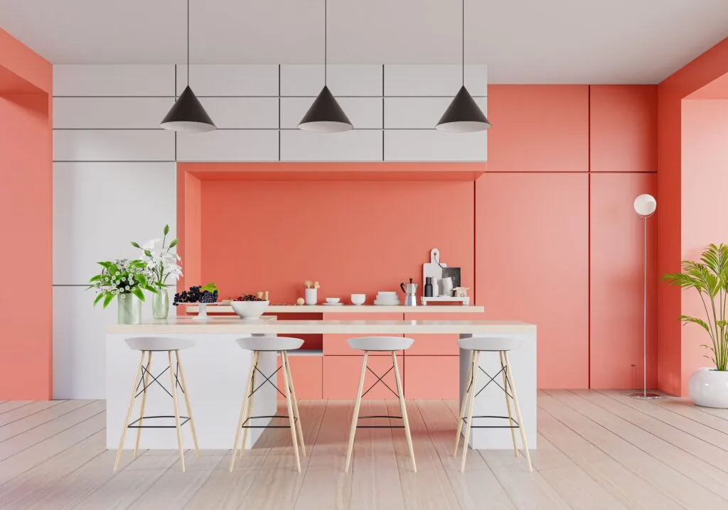 Rustic kitchen with wooden island white cabinets and coral walls wood kitchen cabinet Light