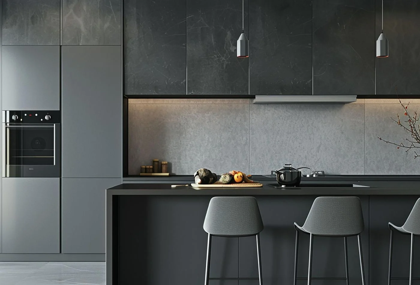 Minimalist kitchen with walnut wood cabinets and light gray walls wood kitchen cabinet Slate Gray wall