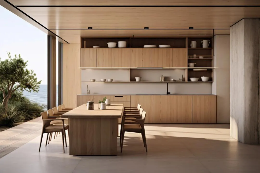 Coastal kitchen featuring natural wood cabinets and open shelving
