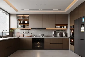 Spacious kitchen with wooden cabinets and built in appliances