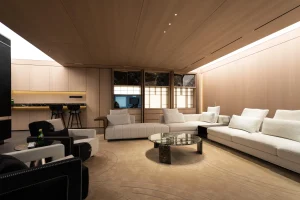 Spacious living room with modern furniture and décor accents