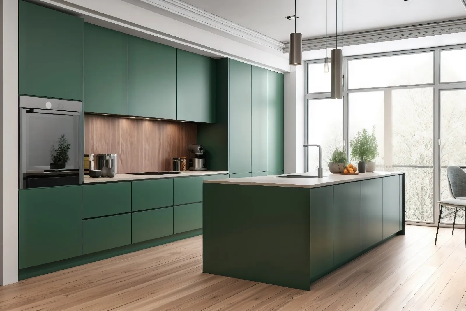Vibrant green kitchen with contrasting dark cabinetry details Vibrant green kitchen with contrasting dark cabinetry details