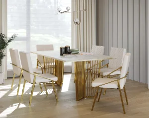 White marble dining table with gold base and matching chairs