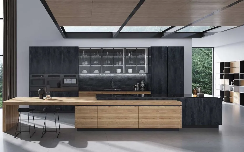 Diseño moderno de gabinetes de cocina oscuros Juega con las alturas de los gabinetes Diseño moderno de gabinetes de cocina oscuros Juega con las alturas de los gabinetes