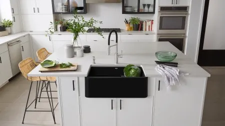 modern White kitchen cabinets with black hardware Bold Fixtures