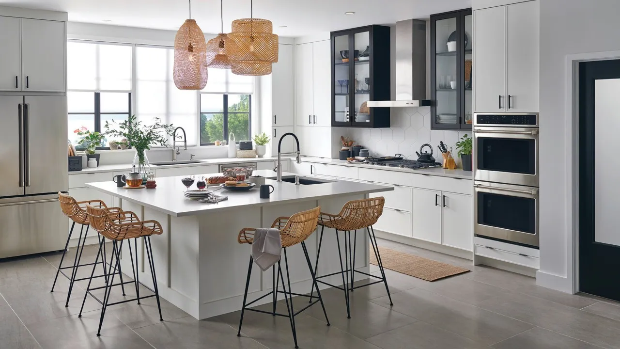 modern White kitchen cabinets with black hardware Bright Airy