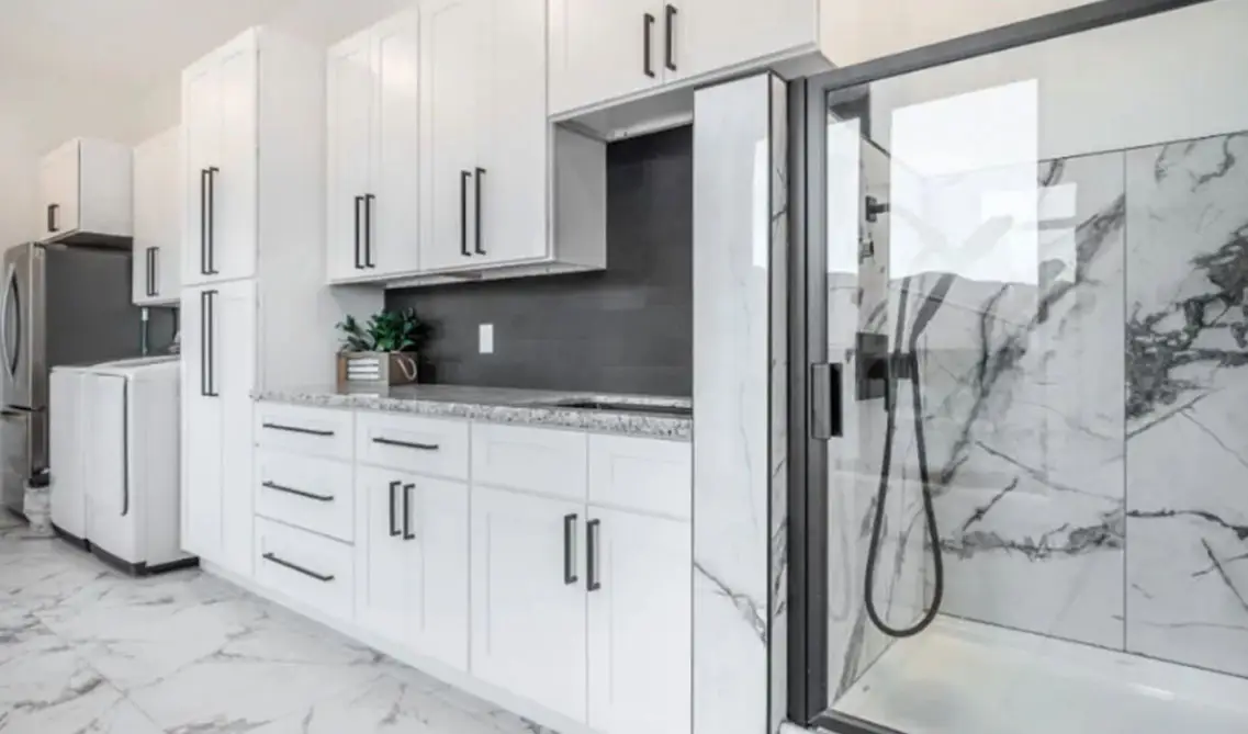 modern White kitchen cabinets with black hardware Classic Elegance