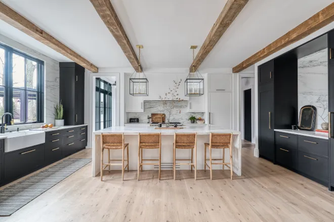 modern White kitchen cabinets with black hardware French Countryside