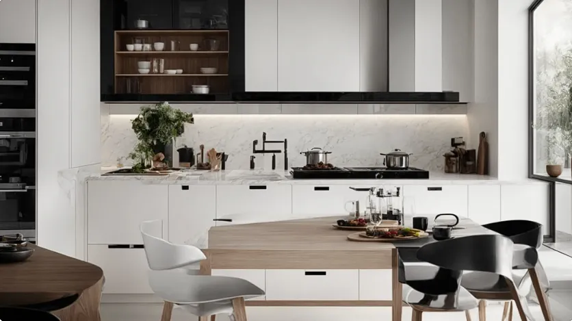 modern White kitchen cabinets with black hardware Mixed Heights