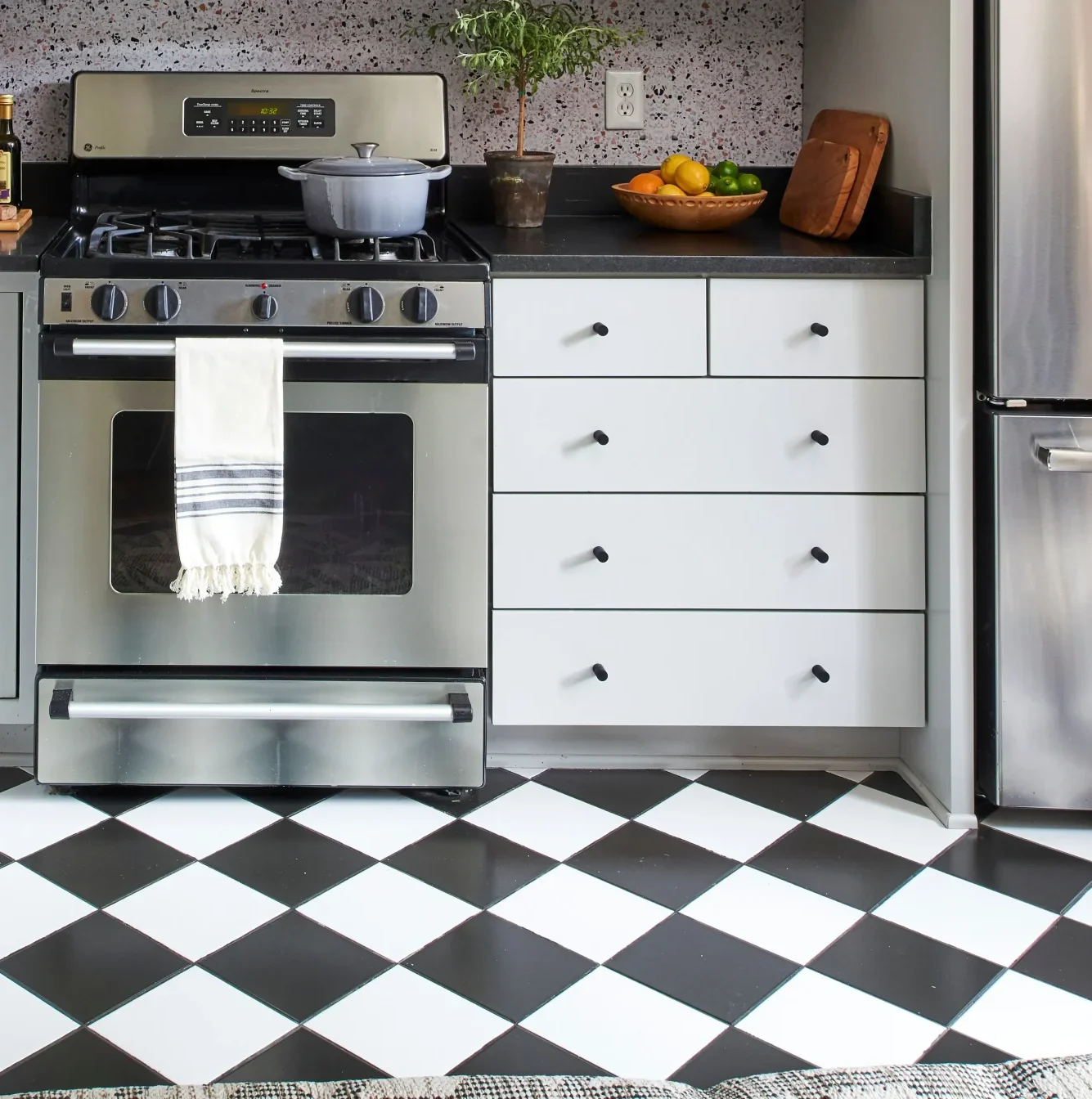 modern White kitchen cabinets with black hardware Pattern Play