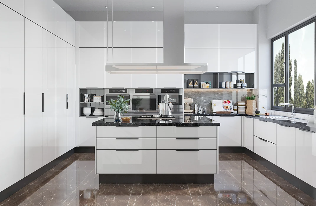 modern White kitchen cabinets with black hardware U Shaped Kitchens