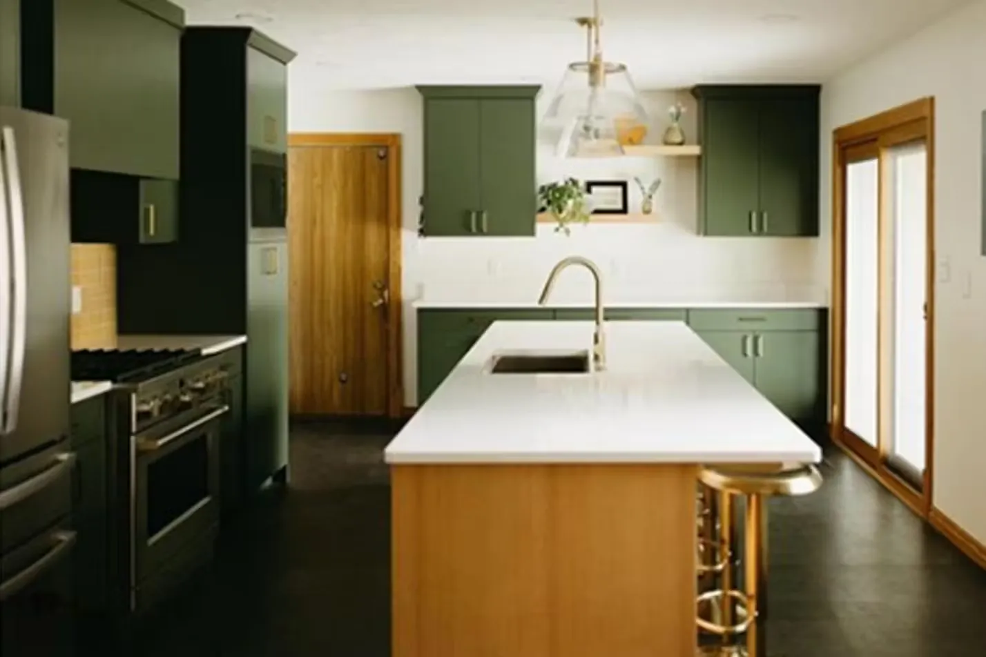 Add Metallic Fixtures Dark green cabinets with gold hardware and white countertops modern green kitchens with dark cabinets Add Metallic Fixtures