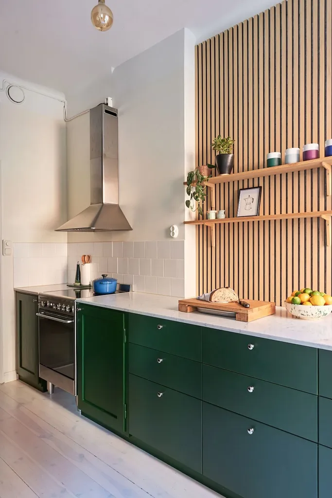 Highlight with Open Shelving Dark green cabinets with open shelves and cozy decor modern green kitchens with dark cabinets Highlight with Open Shelving
