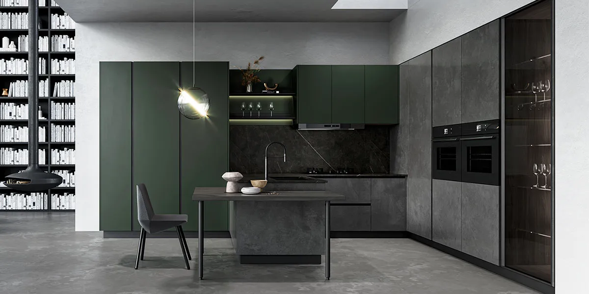 Incorporate Greenery Green kitchen with marble backsplash and wood accents modern green kitchens with dark cabinets Incorporate Wooden Shelves
