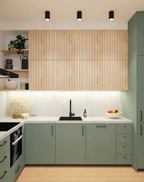 Integrate Natural Stone Flooring Dark green kitchen with brass pendant lights modern green kitchens with dark cabinets Integrate Natural Stone Flooring