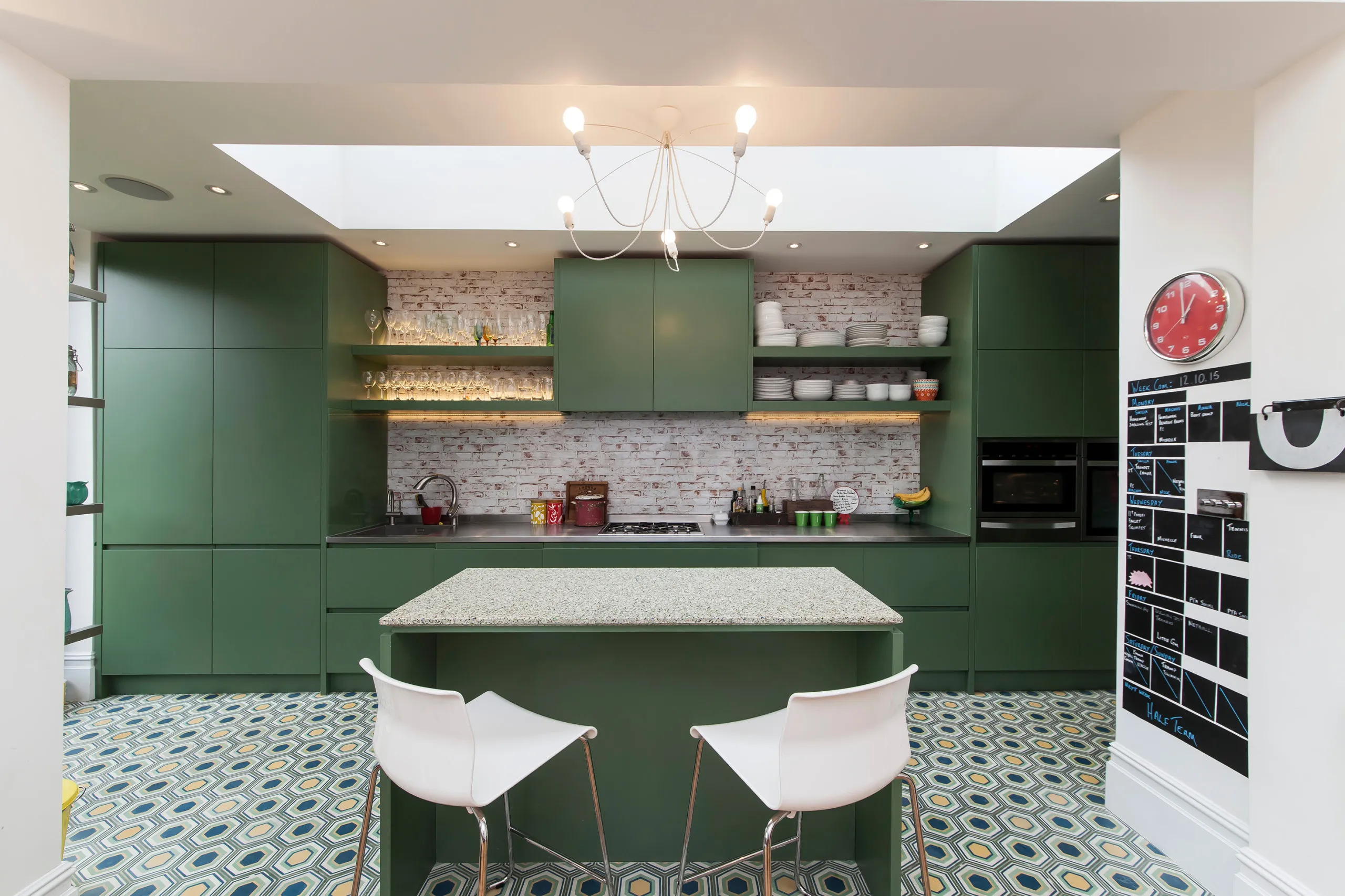 Mix with Concrete Elements Modern green kitchen with gold hardware and white appliances modern green kitchens with dark cabinets Mix with Concrete Elements