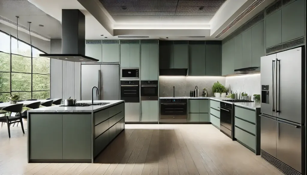 Opt for Stainless Steel Appliances Green kitchen with brass fixtures and white marble backsplash modern green kitchens with dark cabinets Opt for Stainless Steel Appliances