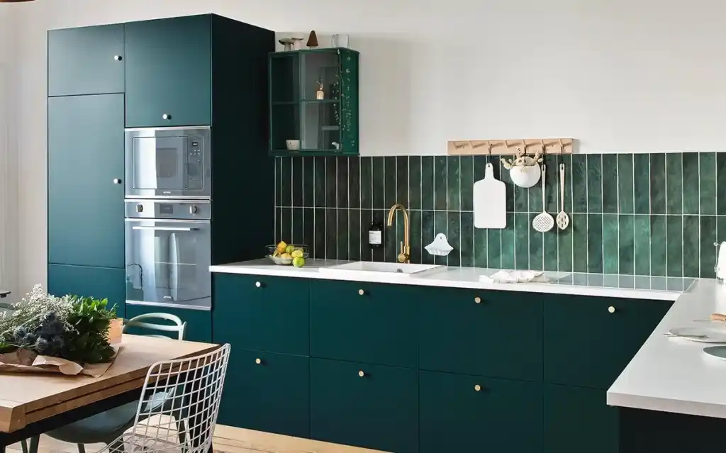 Opt for a Green Tile Accent Wall Teal cabinets with dark green tile backsplash modern green kitchens with dark cabinets Opt for a Green Tile Accent Wall