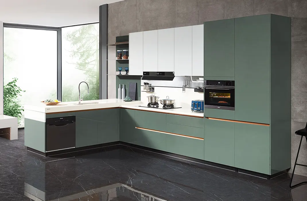Use Light Upper Cabinets Green cabinets with white shelves and wood countertops modern green kitchens with dark cabinets Use Light Upper Cabinets
