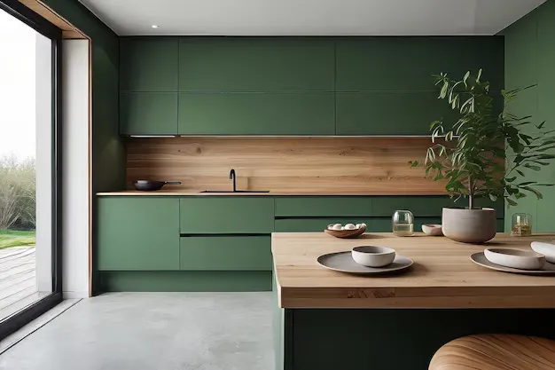 Wooden Accents Dark green cabinets paired with wooden countertops for a cozy look modern green kitchens with dark cabinets Wooden Accents