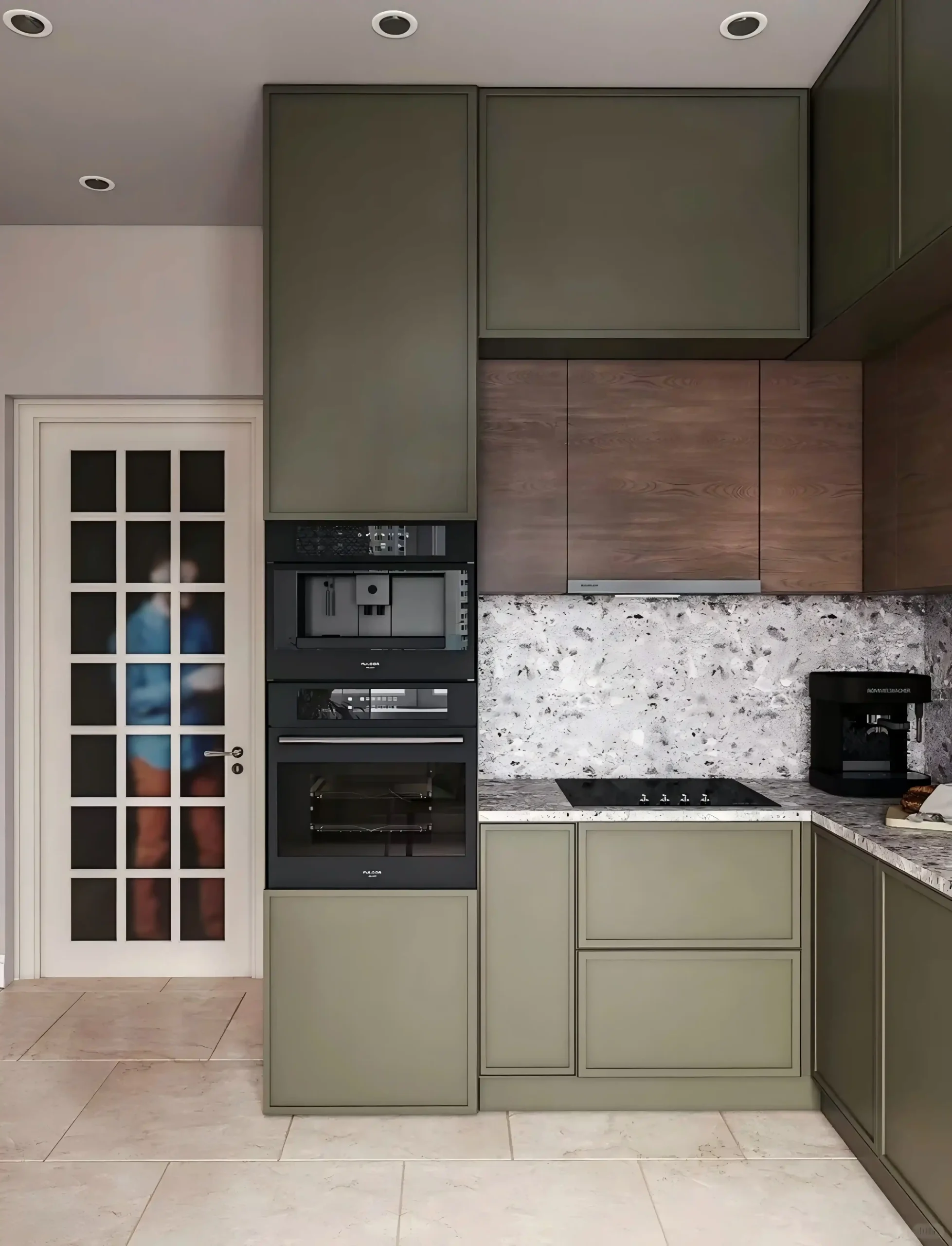 Contemporary kitchen with olive green cabinets and a textured stone backsplash Contemporary kitchen with olive green cabinets and a textured stone backsplash