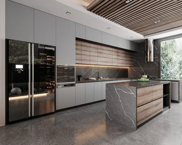 Contemporary taupe kitchen with marble backsplash wooden accents and spacious island