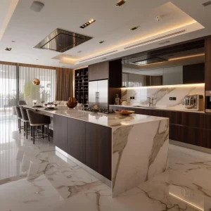 Dark wood cabinets and marble countertops in a sleek kitchen