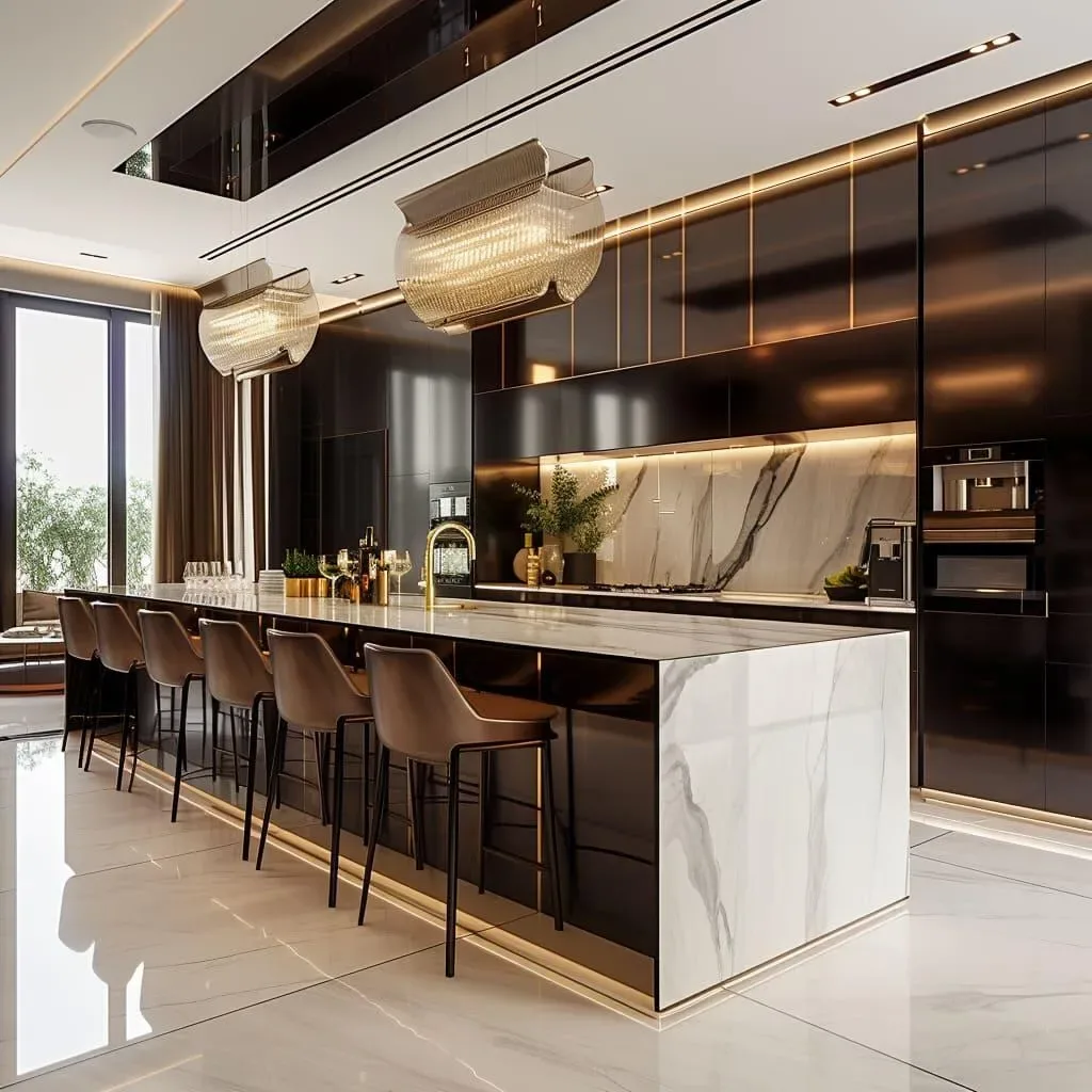 Luxurious black and gold kitchen with marble island and stools Luxurious black and gold kitchen with marble island and stools