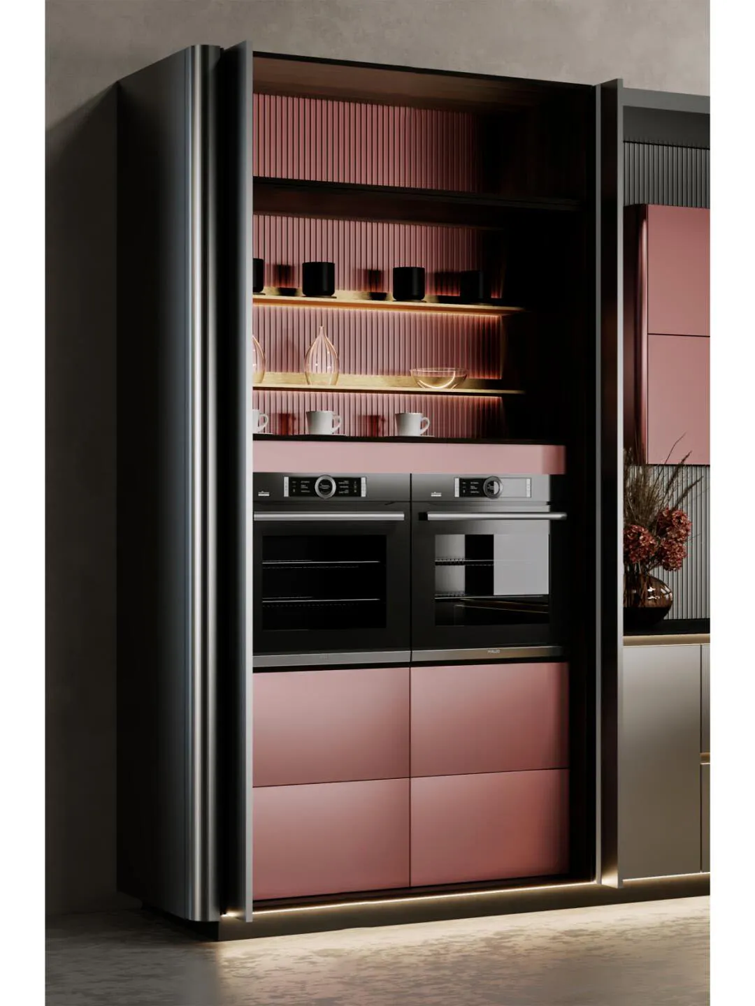Luxury kitchen with rose cabinets built in ovens and lighting