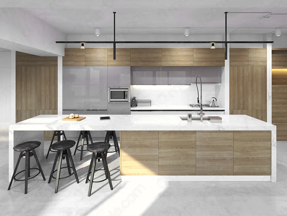 Minimalist kitchen with a white waterfall island and wood accents Minimalist kitchen with a white waterfall island and wood accents