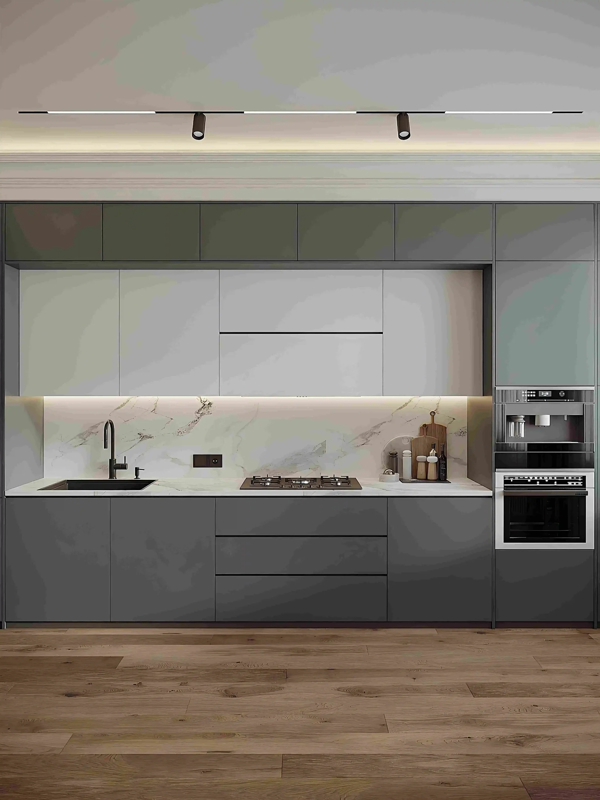 Modern green kitchen with dark lower cabinets and built in stainless steel appliances Modern green kitchen with dark lower cabinets and built in stainless steel appliances