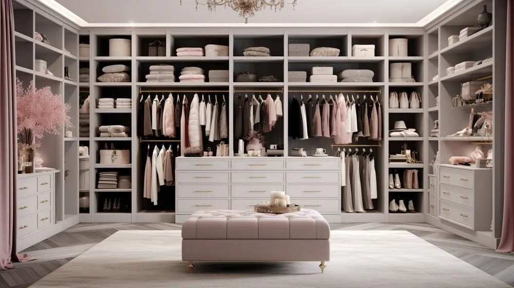 Modern walk in closet with soft gray shelves and pink accents