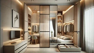 Modern wardrobe with glass panels shelves and a cozy bedroom