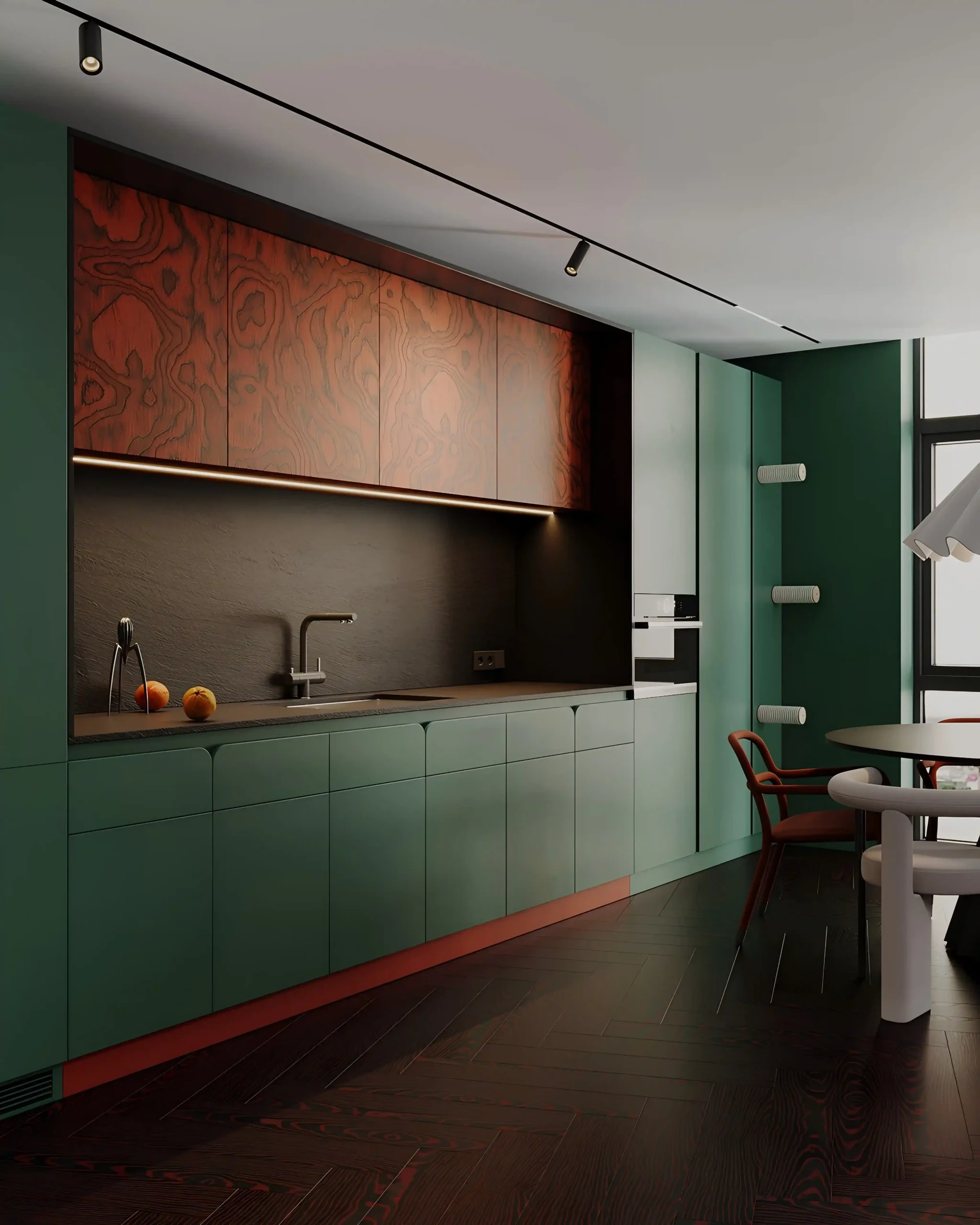 Moody green kitchen with rich wood accents and dramatic lighting Moody green kitchen with rich wood accents and dramatic lighting