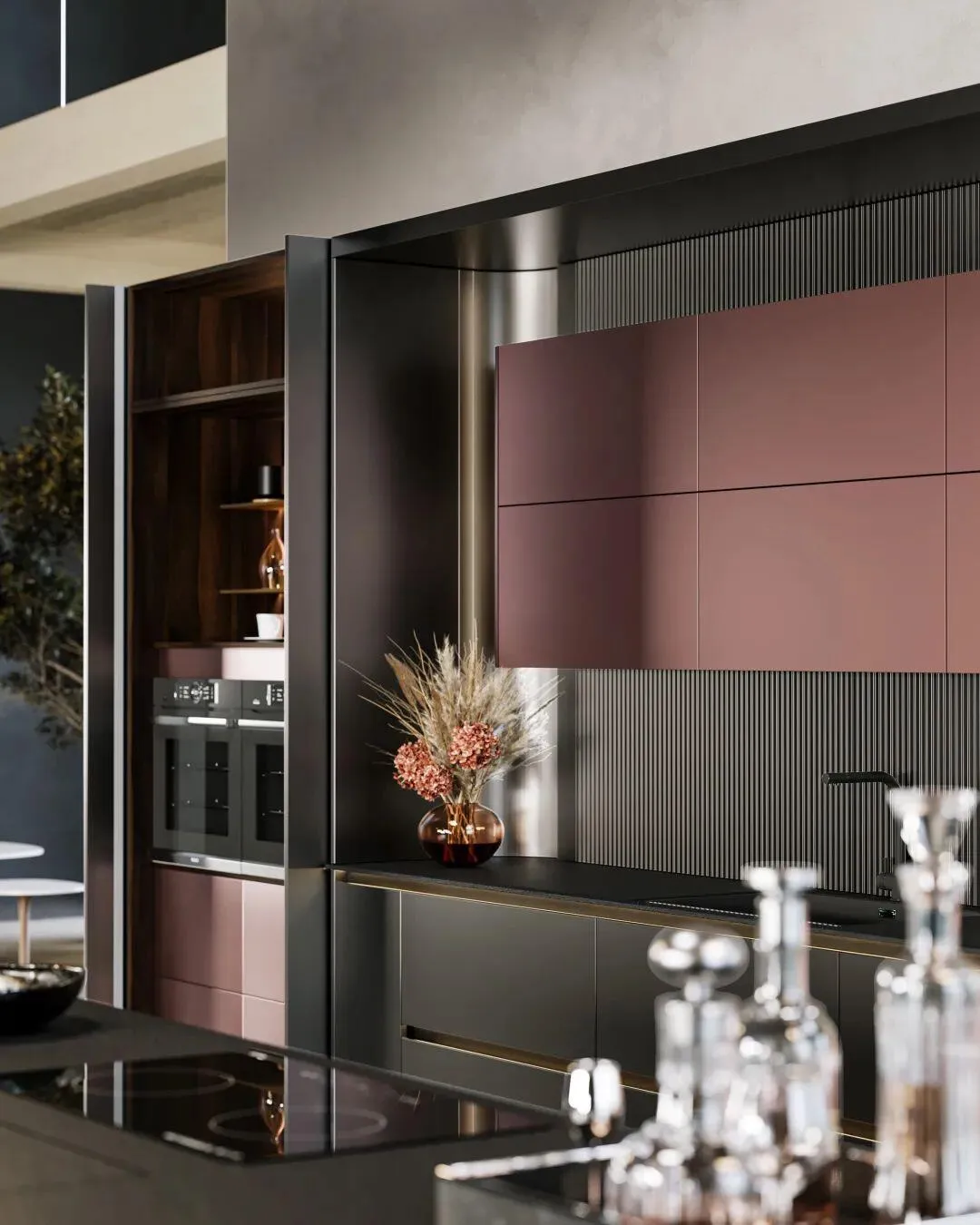Sleek modern kitchen with burgundy cabinets and metallic accents